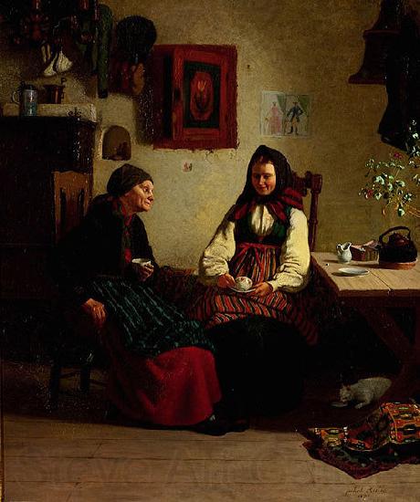 Jakob Kulle Allmogeinterior med kaffedrickande kvinnor Spain oil painting art